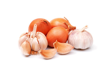 garlic and onion bulbs and cloves isolated on white background, full depth of field