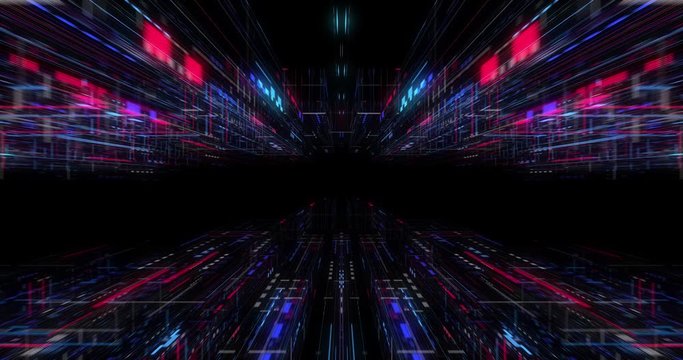 Seamless loop of abstract futuristic technological background, floating circuits, charts, digits elements. Nano chip circuit, modern micro electrons on digital gadget board 3D render