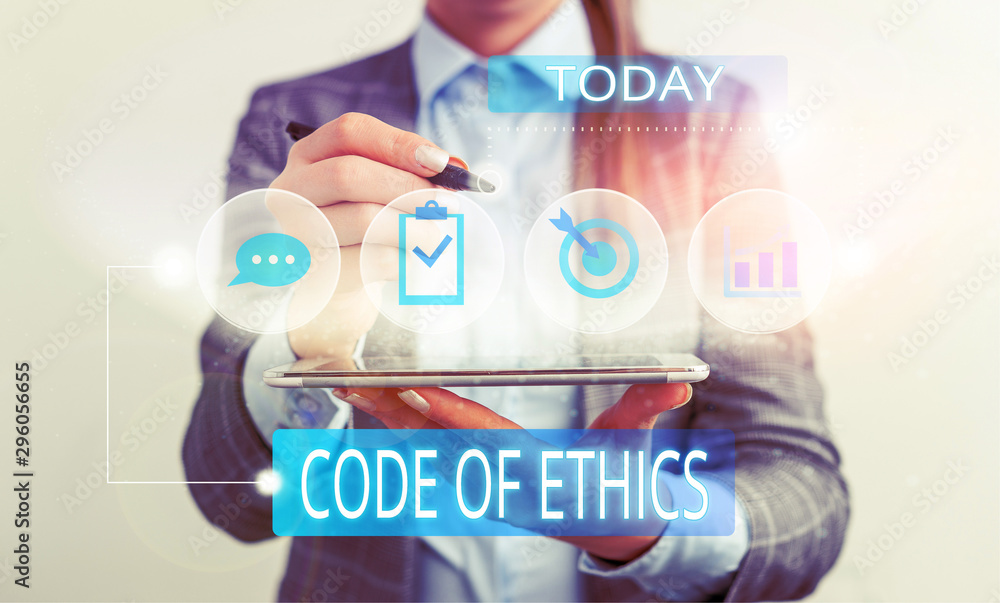 Poster handwriting text code of ethics. conceptual photo basic guide for professional conduct and imposes d