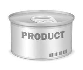 Round tin can with hoop pull ring lid and label isolated on white background, vector mockup. Conserved food product aluminum container, template for design