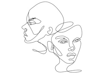 Continuous line vector drawing. Set of faces silhouettes. Abstract portrait.