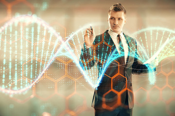 Man and DNA drawing hologram. Double exposure. Concept of education