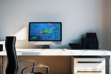 Desktop interior with computer, table and chair. Cyberpiracy theme drawing on screen. 3d rendering.