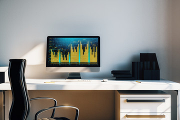Cabinet desktop interior with financial charts and graphs on computer screen. Concept of stock market analysis and trading. 3d rendering.