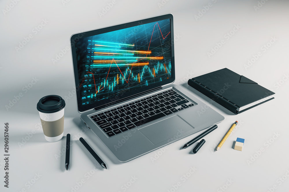 Poster laptop closeup with forex graph on computer screen. financial trading and education concept. 3d rend