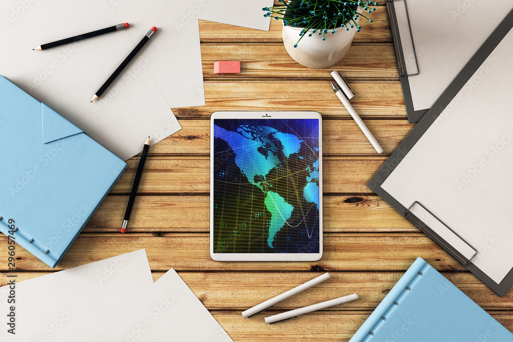 Aufkleber digital tablet closeup top view with world map on screen. online international trading concept. 3d r