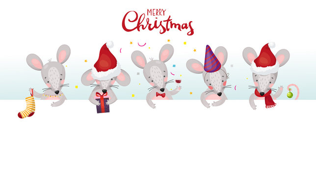 New Year banner with mice and rats. Cute christmas animals with place for your text. Flat vector cartoon characters with white signboard/