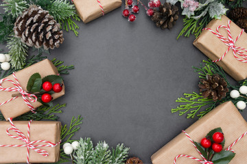 Christmas background with surprise gift boxes and copy space. Winter holidays with presents, top view, flat lay.