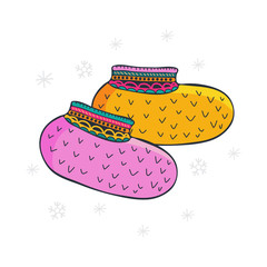 Knitted multicolored socks in hipster style on white background. Warm, knitted socks in vector. Stylish and modern knitted warm clothes. winter vector set. Fashion illustration.