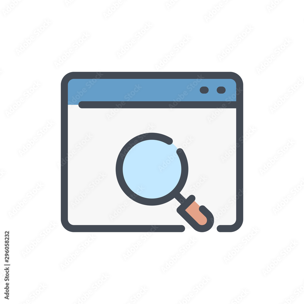 Poster website search color line icon. web page with magnifier vector outline colorful sign.