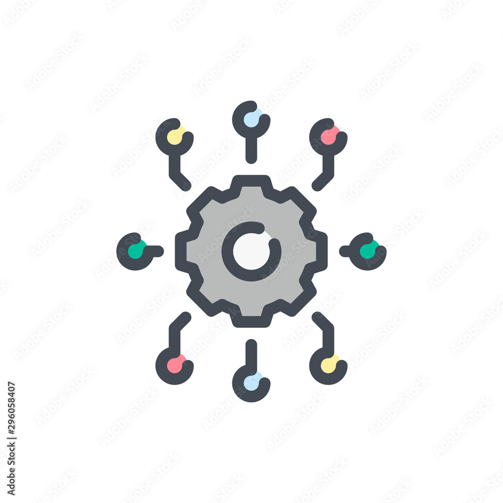 Poster settings connection color line icon. gear with link points vector outline colorful sign.