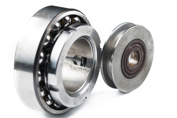 Ball bearing and pulley isolated on white background.Copy space