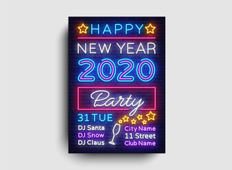 2020 Happy New Year Party Poster Neon Vector. 2020 New Year Design template for Seasonal Flyers and Greetings Card or Christmas themed invitations. Light Banner. Vector Illustration