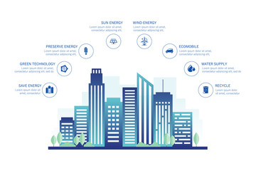 Urban landscape with infographic elements. Smart city. Modern eco city. Concept website template. Eps 10 vector illustration.