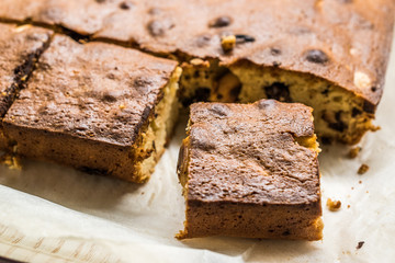 Blondie Brownie with Peanut Butter, White Chocolate and Roasted Peanuts. Homemade Cake Dessert / Blonde Brownie Pieces.