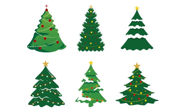 Set of christmas tree silhouette with decorations, vector illustration isolated on white background, template for design, greeting card, invitation.