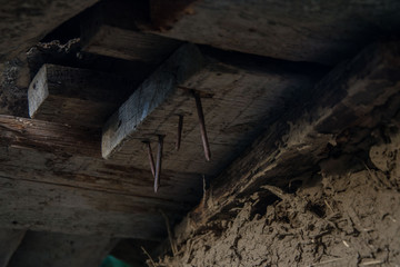 Close-up of damaged wood, rooftop details. Texture and details, rural background