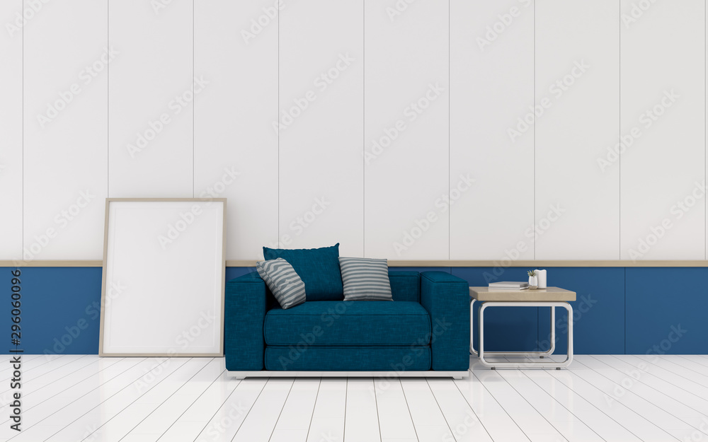 Aufkleber view of living room with deep blue sofa and side table on laminate white floor.perspective of minima