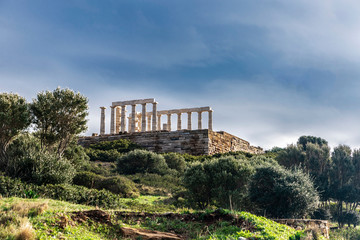 Fototapeta na wymiar Ancient Greek temple of Poseidon at Cape Sounion in Greece
