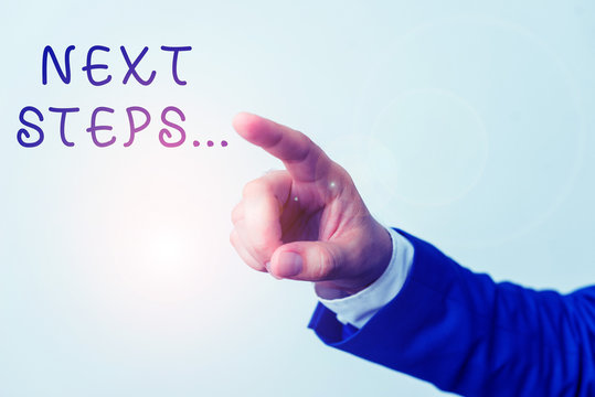 Word writing text Next Steps. Business photo showcasing something you do after you have finished doing first one Isolated hand pointing with finger. Business concept pointing finger