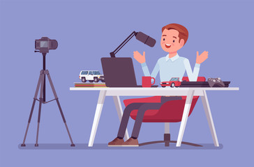 Fototapeta na wymiar Blogger podcaster streaming. Man writing material to blog, reviewing for online journal or website content, posting short videos to a vlog, recording program. Vector flat style cartoon illustration