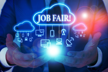 Obraz premium Word writing text Job Fair. Business photo showcasing event in which employers recruiters give information to employees Male human wear formal work suit presenting presentation using smart device