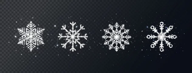 Fotobehang Silver glitter snowflakes set on transparent background. Shining Christmas design with sparkles and stars. Winter holiday luxury decoration for cards, invitation, poster, banner. Vector illustration © Liubov