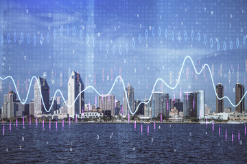 Forex chart on cityscape with skyscrapers wallpaper multi exposure. Financial research concept.