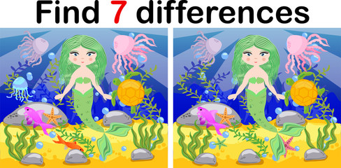 Fototapeta premium Find differences, game for children, mermaid underwater in cartoon style, education game for kids, preschool worksheet activity, task for the development of logical thinking.