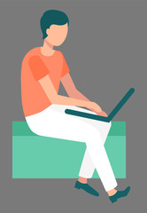 Worker using laptop, person sitting with computer and finding right solution. Businessman character working with wireless device, gadget technology vector