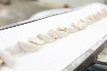 Fototapeta na wymiar Dumpling factory. Tape of prosofling dumplings stuffed with stuffing