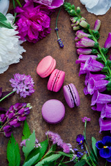 Purple and pink various flowers and Purple and pink macaroons