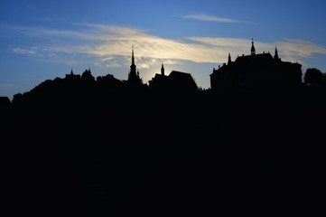 Obraz premium Fortress Silhouette At Sunrise In Sighisoara, Transylvania