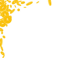 Chinese yuan coins falling. Scattered floating CNY