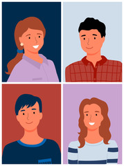 Portrait photo set of man and woman, smiling relatives or colleagues, people photography in flat design style, male and female in casual clothes vector