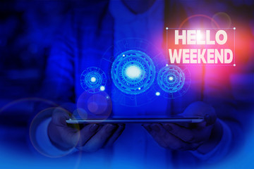 Handwriting text writing Hello Weekend. Conceptual photo Getaway Adventure Friday Positivity Relaxation Invitation Woman wear formal work suit presenting presentation using smart device