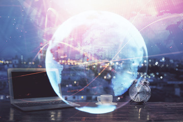 Multi exposure of business theme icons and table with computer background. Concept of success.