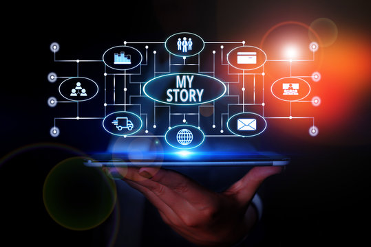 Word writing text My Story. Business photo showcasing the things or situations that have happened to someone in life Woman wear formal work suit presenting presentation using smart device