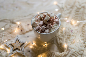 Winter hot drink, cacao with marshmallows and christmas decorations, spicy hot chocolate