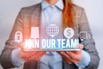 Handwriting text writing Join Our Team. Conceptual photo invite someone to work together for particular purpose target Modern technology tech loock Lady front presenting hands blue glow copy space