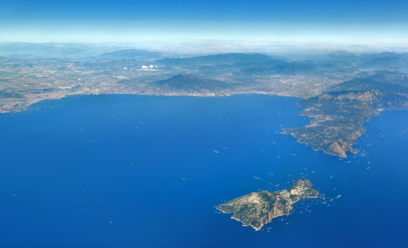 Aerial view of the Bay of Naples showing Mount Vesuvius, the Sorrento Peninsula and the Island of Capri.
