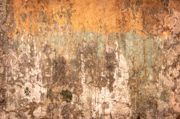 Dirty wall with broken cement plaster. Vintage surface texture. Background for loft style interior. Rusty stains on old concrete wall texture, abstract peeling paint on cement, dirty wall background