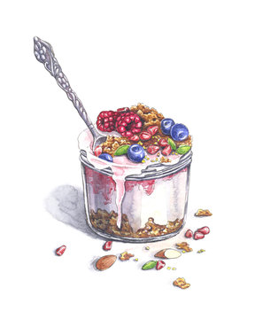 Watercolor illustration of granola with yogurt and fresh berries. 