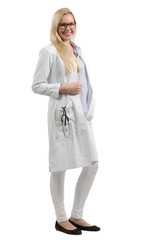 young female doctor in doctor's overall with stethoscope cutout