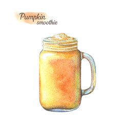 Hand drawn watercolor illustration of summer fresh cocktail or smoothie with pumpkin and orange. Isolated on white background.
