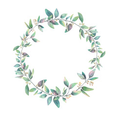 Watercolor wreath of branches with green leaves. Floral hand painted border isolated on white background.