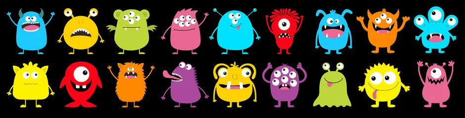 Fotobehang Happy Halloween. Monster colorful round silhouette icon super big set line. Cute cartoon kawaii scary funny baby character. Eyes, tongue, tooth fang, hands up. Black background. Flat design. © worldofvector