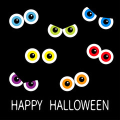 Colorful eyes looking in the dark. Cute cartoon funny kawaii spooky baby character body part. Happy Halloween. Black background. Flat design. Black background.