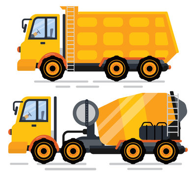 Truck machinery for building and construction vector, isolated machines. Van with container and cement mixer, assistance in working process flat style