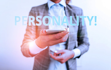 Word writing text Personality. Business photo showcasing combination characteristics that form individuals character Business concept with mobile phone and business woman